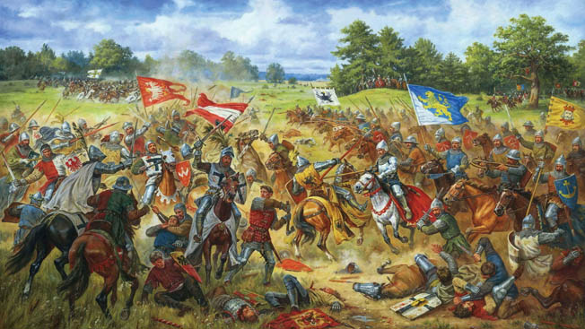 With their Golden Lion banner held high aloft, three banners from the newly annexed Kingdom of Rus emerge from the edge of the woods and charge the enemy. The Rus knights, who were part of the Lithuanian army, deployed on the left of the Lithuanian line.