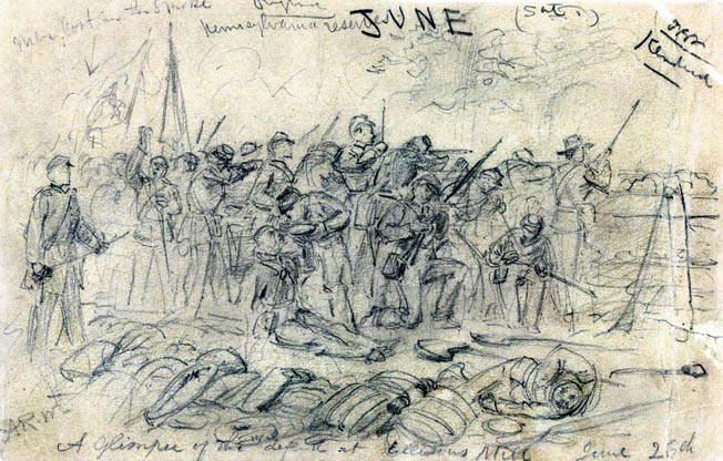 Discarded knapsacks, blankets, shovels, and other gear lie behind quick-firing Pennsylvania reserves fighting behind earthworks near Ellerson’s Mill. Battlefield sketch by Alfred Waud.