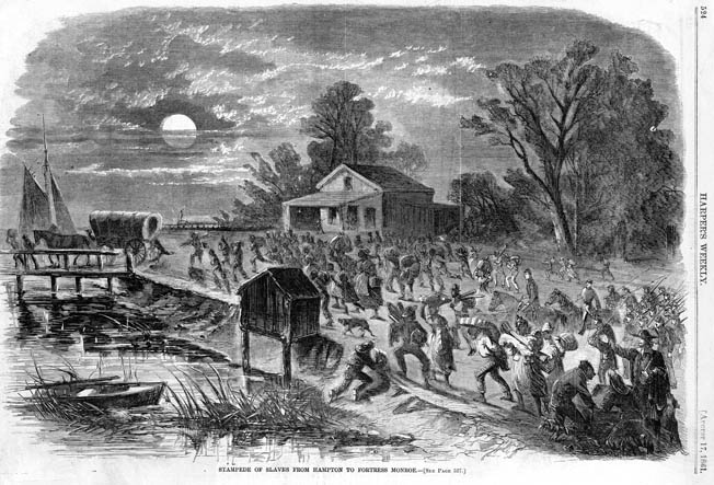 Fugitive slaves rush into Fort Monroe after learning that Butler is refusing to return them to their masters.