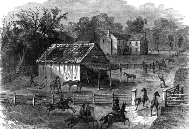 Pro-Union guerrillas steal horses from their fellow Southerners during a nighttime raid on a farm. Such raids were motivated, in part, by attacks by Confederate Army units or pro-slavery neighbors.