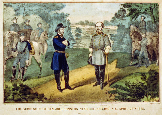 General Joseph E. Johnston, right, surrenders on the field to William Tecumseh Sherman in this fanciful illustration. They actually met in a farmhouse near Durham.