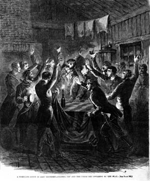 Union Captains William Cross and David Fry secretly lead a covey of Tennessee Unionists in swearing allegiance on an American flag. These pro-Northern Southerners would burn a number of bridges in East Tennessee in an attempt to sabotage Confederate war efforts.