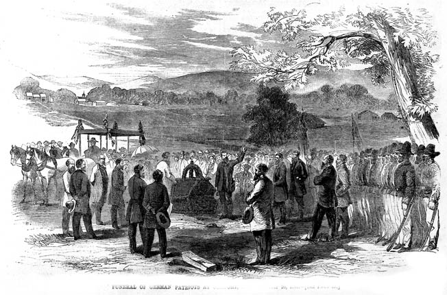 A mass funeral was held in Comfort, Texas, after the Civil War for 34 pro-Union German Texans killed in the Nueces Massacre of 1862. Nine were summarily hanged after they surrendered to Confederate authorities.