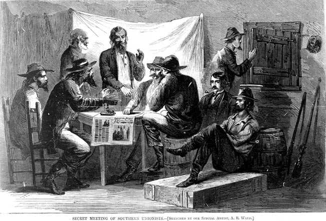 Southern Unionists gather in a darkened room as one man keeps watch from a window for passing Confederates. Tennessee, North Carolina, and Virginia were home to the largest populations of pro-Union Southerners. 