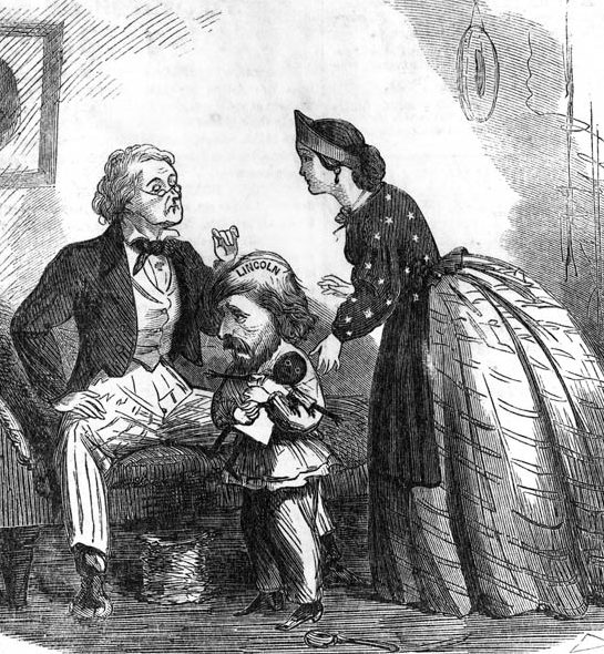 Frémont is sketched as a petulant child suffering from a “sore head” in this period cartoon. “Lincoln” is imprinted on his scalp. 