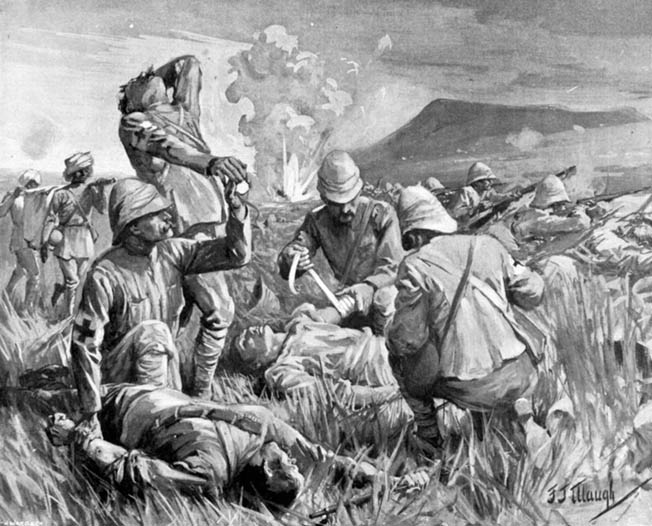 British medics assist the wounded on the battlefield. 