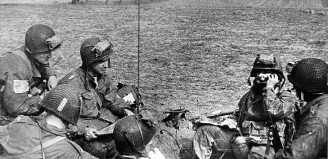 Maj. Gen. William M. Miley, second from left, sets up the 17th Airborne Division’s command post immediately after landing near Wesel at 3 pm, March 24, 1945.