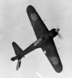 A crippled Zeke, with a torn-off horizontal stabilizer and a hole in its starboard wing, keels over before crashing.