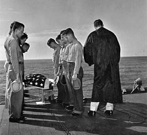 Burial at sea for sailor Kenneth Rayford, who died of a heart attack aboard the Yorktown on November 16, 1943.