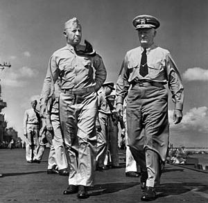 The carrier’s captain, Joseph J. Clark (left), and Admiral Chester Nimitz aboard the Yorktown. 