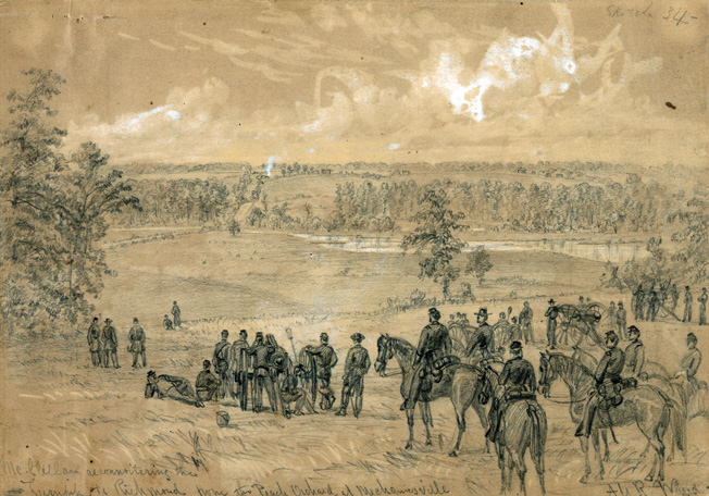 Maj. Gen. George B. McClellan, commander of the Army of the Potomac, surveys the approach to Richmond during the Battle of Mechanicsville. General Robert E. Lee's offensive put Union forces on the north bank of the Chickahominy River in danger of destruction.