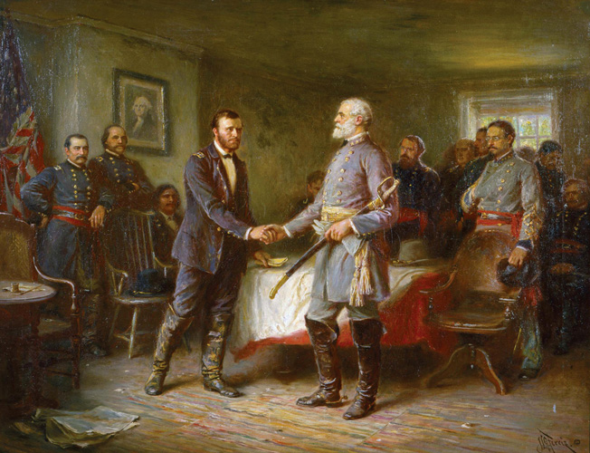 Ulysses S. Grant and Robert E. Lee shake hands after concluding the surrender terms at Appomattox. Davis hoped that Confederate forces still in the field would continue the war despite Lee’s surrender.