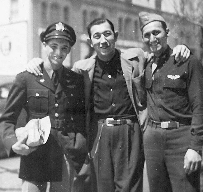 2nd Lt. Al Boam (left) poses with an Army buddy (right) and Rags Ragland, a comedian who appeared in many MGM films, photographed in Hollywood, California, while Boam was on leave before heading overseas. 