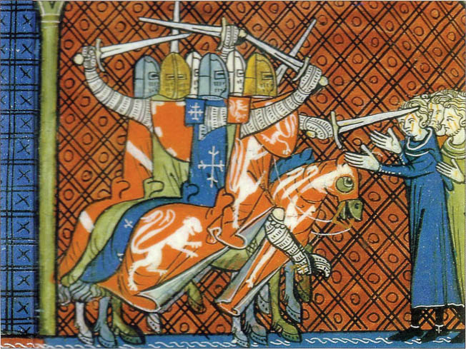 Pope Innocent III (left) excommunicates the Cathar heretics in an illuminated manuscript. With the Papacy behind them, God-fearing northern European knights set about ridding the Languedoc region of the Cathar heresy, which they saw as a malignant threat to the Roman Catholic Church.