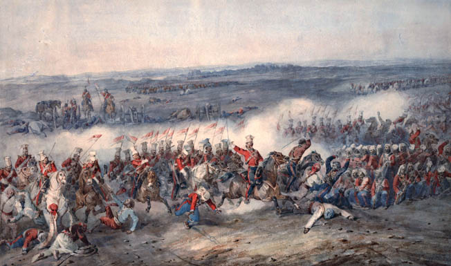 British cavalry routs the Sikh forces under Ranjur Singh at the Battle of Aliwal, January 28, 1846. The battle took place on the banks of the Sutlej River.
