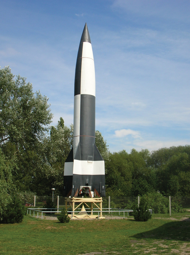 The world’s first intercontinental ballistic missile, the German V-2 rocket was used by the Nazis as a terror weapon during the closing months of World War II. This reproduction is on display at the Peenemunde Museum.
