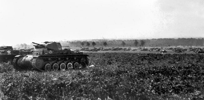 A German Panzer II in action near Arras. The Germans had approximately 600 newer Panzer IIIs and Panzer IVs to add weight to their blitzkrieg in France.