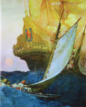 English pirates approach a Spanish galleon in a painting by premier pirate illustrator Howard Pyle. In the late 16th century, England increasingly turned to privateers to attack Spanish treasure ships and cities to help finance its own empire.