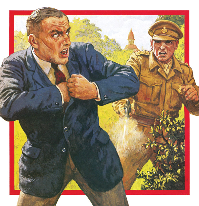 An illustration from a pulp magazine of the day shows a British soldier shooting and capturing U.S.-born William Joyce (“Lord Haw-Haw”) at war’s end. Joyce was later hanged. 