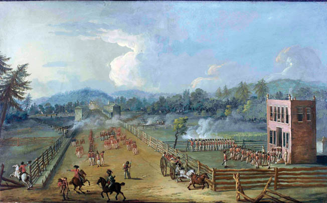British troops are shown defending Cliveden, the residence of Pennsylvania judge Benjamin Chew. British infantry occupied the house, turning it into a strongpoint against the American attack. This painting, also by Xavier Della Gatto, is believed to have been made for a British officer who fought in the battle.