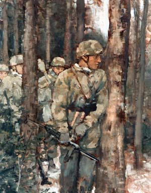 A painting depicting soldiers during the Battle of the Bulge. 