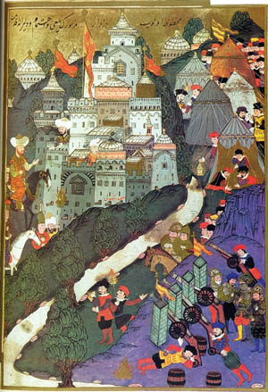 Bayezid at left arrives with his army at Nicopolis. Preferring to fight a defensive battle, the Ottoman sultan waited for the Crusaders to attack his fieldworks in the nearby hills.