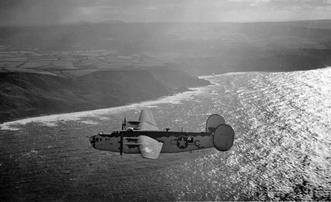 Painted in a camouflage scheme to blend in with sky and sea, the Consolidated PB4Y-1 Liberator Calvert n’ Coke was photographed from an accompanying aircraft near the end of a 12-hour flight over the Bay of Biscay hunting for German U-boats. The Liberators had sufficient range to patrol the extensive area and return to their bases in England.