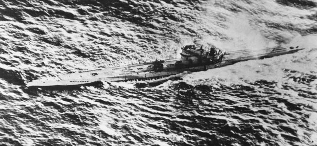 A German U-boat founders under the repeated hammering of depth charges and bombs dropped from a pair of Royal Air Force Short Sunderland flying boats in the Bay of Biscay. 