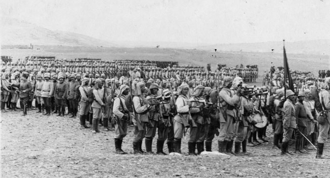 Ottoman troops assemble in Palestine at the outset of World War I in preparation for a strike against the Suez Canal, which arguably was the most important Allied line of communication in the world at the time.