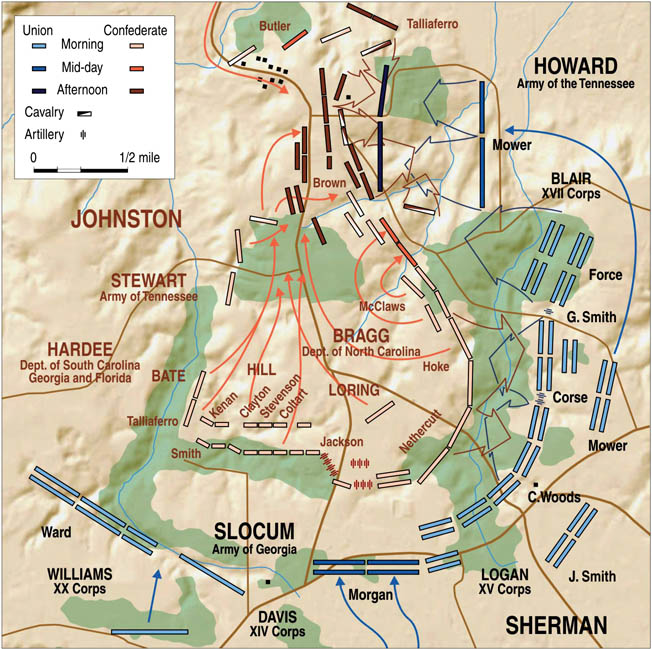 On the Union right, Mower’s XVII Corps nearly captured Mill Creek Bridge and trapped the entire Confederate army, but determined counterattacks forced them back. Sherman bided his time.