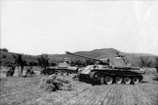 German tanks (Panther Vs) take up a battle line in a farmer’s field near Ravenna, east of Bologna.