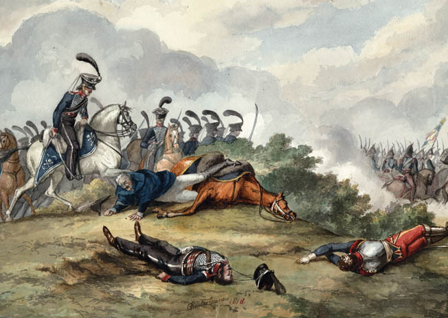 Seventy-two-year-old Field Marshal Blucher is shown pinned under his horse after leading a counterattack by his cavalry. Quick thinking by one of Blucher’s aides, who covered him with a cloak as French cavalry streamed past, helped the field marshal avoid capture while he was pinned for two hours.