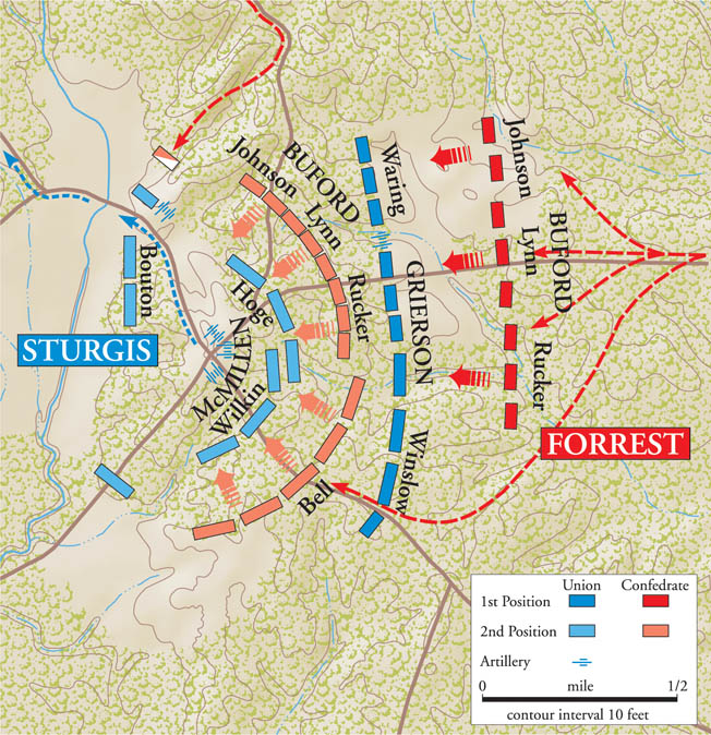 Relentless pressure from Forrest’s men drove the Union forces across Tishimingo Creek, creating a panicked traffic jam of men, horses, and wagons.