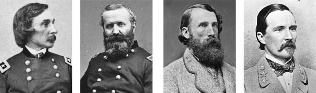 Among the principal commanders at Bristoe Station were (l to r) Maj. Gen. Gouverneur K. Warren, Brig. Gen. Alexander Hays, Lt. Gen. A.P. Hill, and Maj. Gen. Henry Heth. 