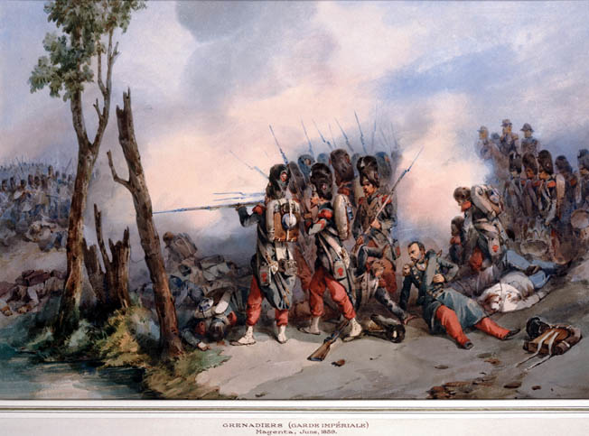 Magenta was a soldier's battle, and the French army boasted some of the finest infantry units in Europe. Bearskin-hatted grenadiers of the French Imperial Guard are shown heavily engaged at Magenta.