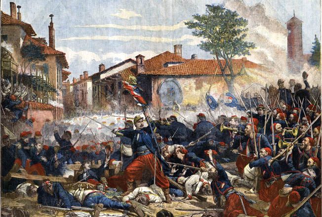 French Zouaves storm the Ponte Nuova Bridge shouting “Vive l’Empereur!” The Austrians kept up a galling fire from a nearby building, but the fierce Zouaves took the building with the cold steel of their bayonets.