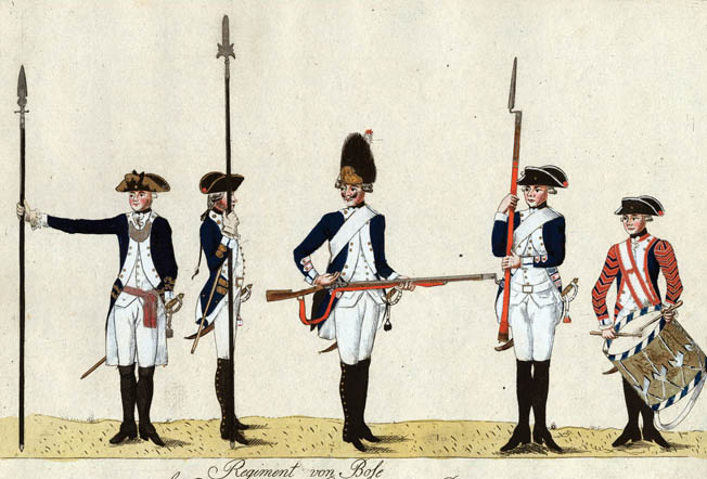 Prussian officers hold various types of spontoons. At left is a traditional spontoon and at right is a hybrid best described as a partisan spontoon.