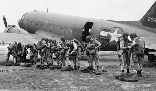 A “stick” of 101st Airborne paratroopers prepares for a practice jump in England. Buford made his required five jumps before flying to France and joining Colonel Julian Ewell’s 501st Parachute Infantry Regiment.