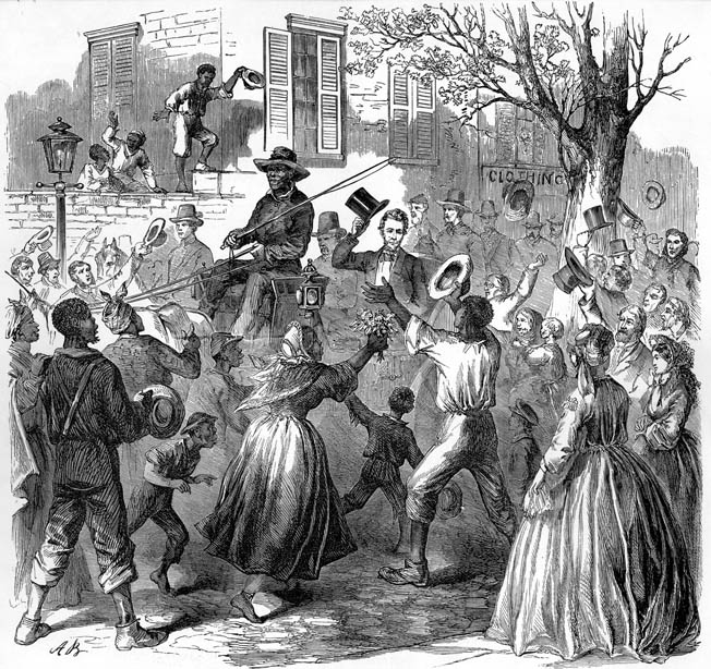 Abraham Lincoln triumphantly enters Richmond on April 3. Only former slaves turned out to greet the president; residents remained gloomily behind locked doors.