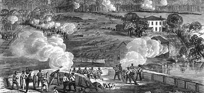 Maj. Gen. Robert Hoke’s Confederate artillery opens fire on advancing Union forces across Southwest Creek at Jackson’s Mill, North Carolina, 10 days before the Battle of Bentonville.