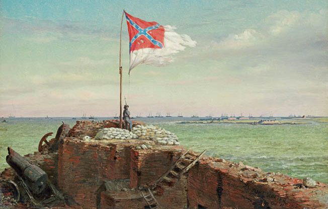  Southern artist Conrad Wise Chapman, himself a Confederate soldier, painted this contemporary watercolor of the tattered flag flying over Fort Sumter in 1863. Wise would become famous for his Charleston sketches.