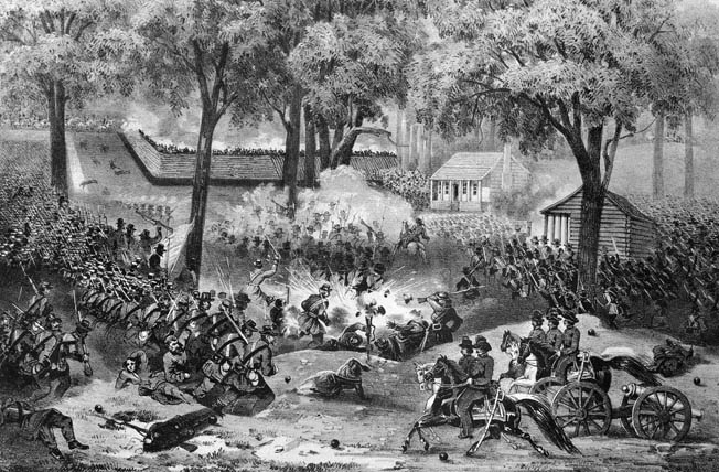 Federal troops assault Confederate breastworks at the Battle of Carnifex Ferry, Virginia, in September 1861. Leading his troops forward, Lytle was wounded in the leg by a Minie bullet that day—the first of several wounds the ill-starred Lytle would suffer.