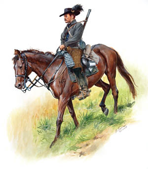 Mounted on a superb Bluegrass thoroughbred, a well-turned-out member of Morgan’s 2nd Kentucky Cavalry rides to battle in this painting by Don Troiani.