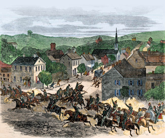 Confederate horsemen led by John Hunt Morgan storm through Washington, Ohio, during their audacious 1863 raid of Ohio and Indiana. It was the northernmost Confederate raid of the war.