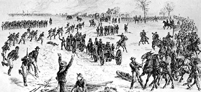 Overwhelmed Confederates surrender after Brig. Gen. Henry Davies’s men intercept a wagon train bound from Richmond near Paines Crossroads. The Federals destroyed 200 wagons and captured five guns and numerous prisoners.