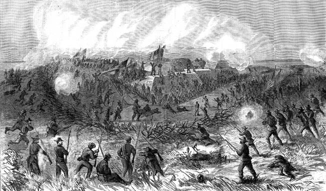 Union infantry attacks Fort McAllister on the outskirts of Savannah. Sherman’s old 2nd Division carried the works as their commander watched proudly from the roof of a nearby rice mill.