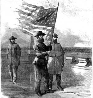 Clockwise from top: A Union color sergeant defiantly waves a tattered American flag on the roof of Georgia’s state capitol in Milledgeville, November 22, 1864.