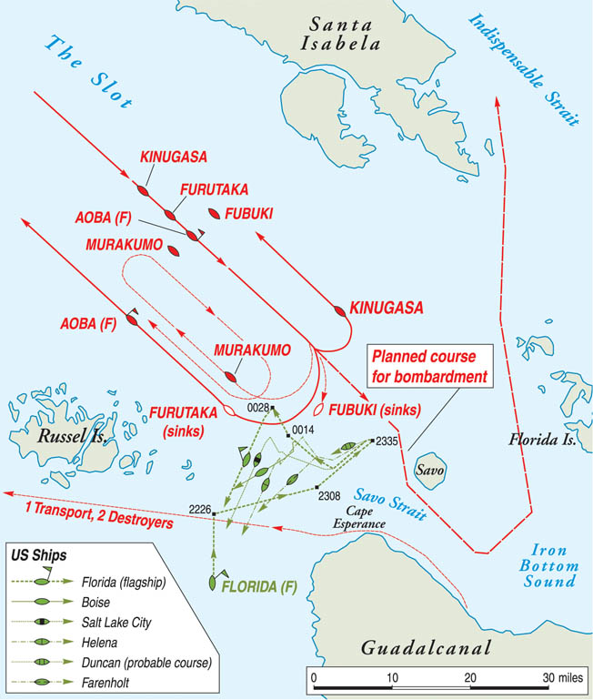 A Map of the battle maneuvers during the Battle of Cape Esperance. Admiral Scott ordered his column to turn 180 degrees to course 230. He wanted to cover the passage between Savo Island and Cape Esperance and to be in position to intercept the approaching enemy force.