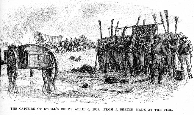 Lieutenant General Richard Ewell’s men invert their muskets and lower their Confederate battle flag at the end of the Battle of Sayler’s Creek. “My God,” said Robert E. Lee, “has the army dissolved?”