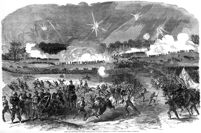 Even the pack animals bolt in fright after Jackson’s corps slammed into the XI Corps’ flank at Chancellorsville. Only the encroaching darkness slowed the Confederate advance. 